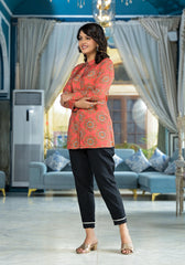 Orange Ethnic Motif Printed Viscose Tunic With Buttons Detailing-J4786ORANGE