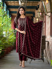 Maroon Ethnic Motif Printed Velvet Kurta Set With Tassels-J4791MAROON