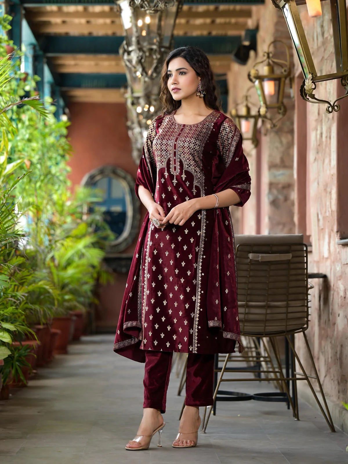 Maroon Velvet Designer Kurta Set with Dupatta | Women's Kurta ...