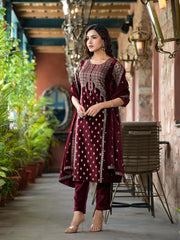 Maroon Ethnic Motif Printed Velvet Kurta Set With Tassels-J4791MAROON