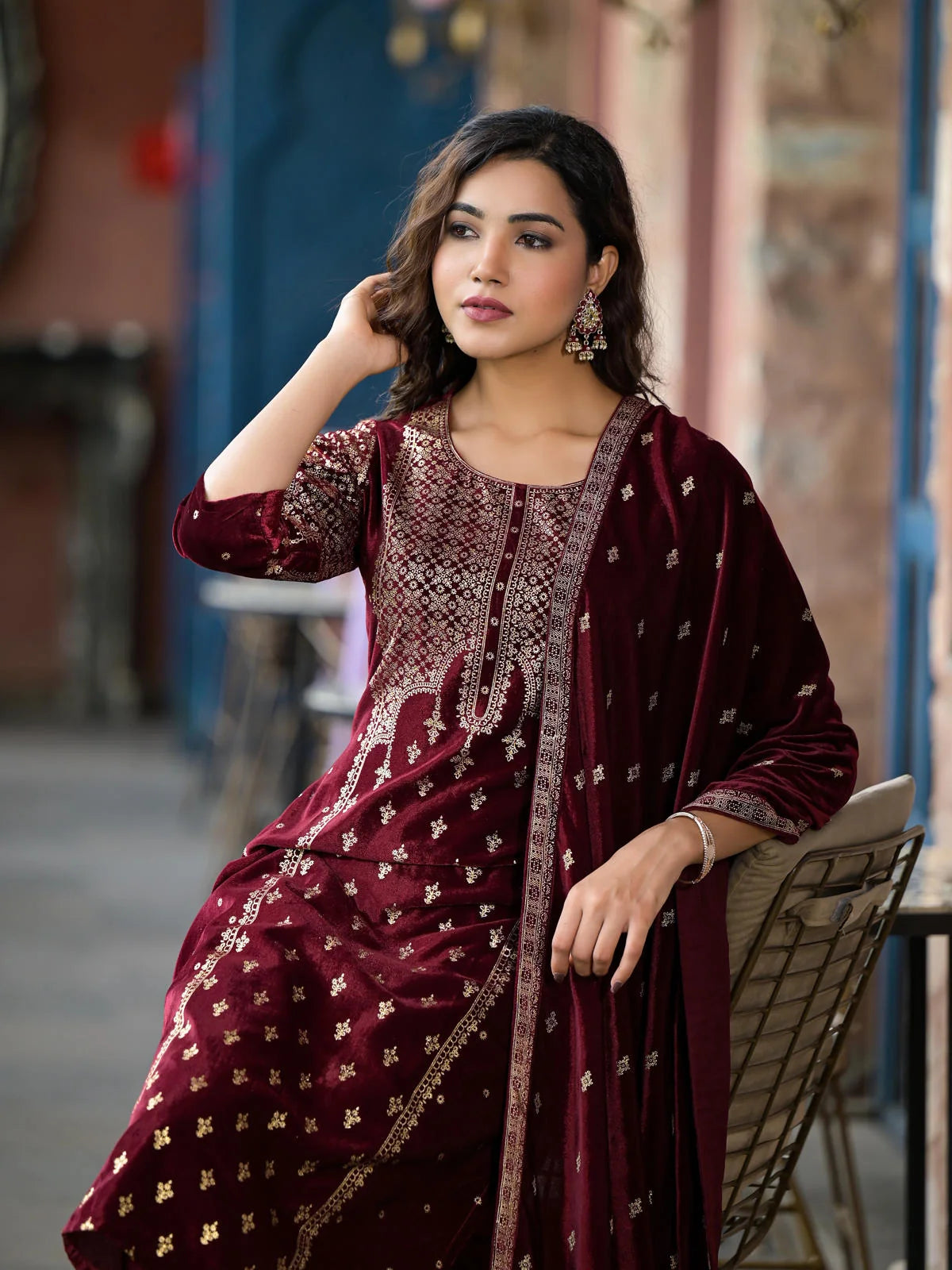 Maroon Velvet Designer Kurta Set with Dupatta | Women's Kurta ...