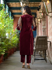 Maroon Ethnic Motif Printed Velvet Kurta Set With Tassels-J4791MAROON