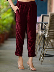 Maroon Ethnic Motif Printed Velvet Kurta Set With Tassels-J4791MAROON