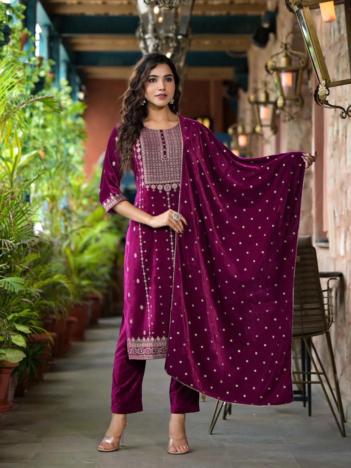 Wine Ethnic Motif Printed Velvet Kurta Set With Lace-J4792WINE