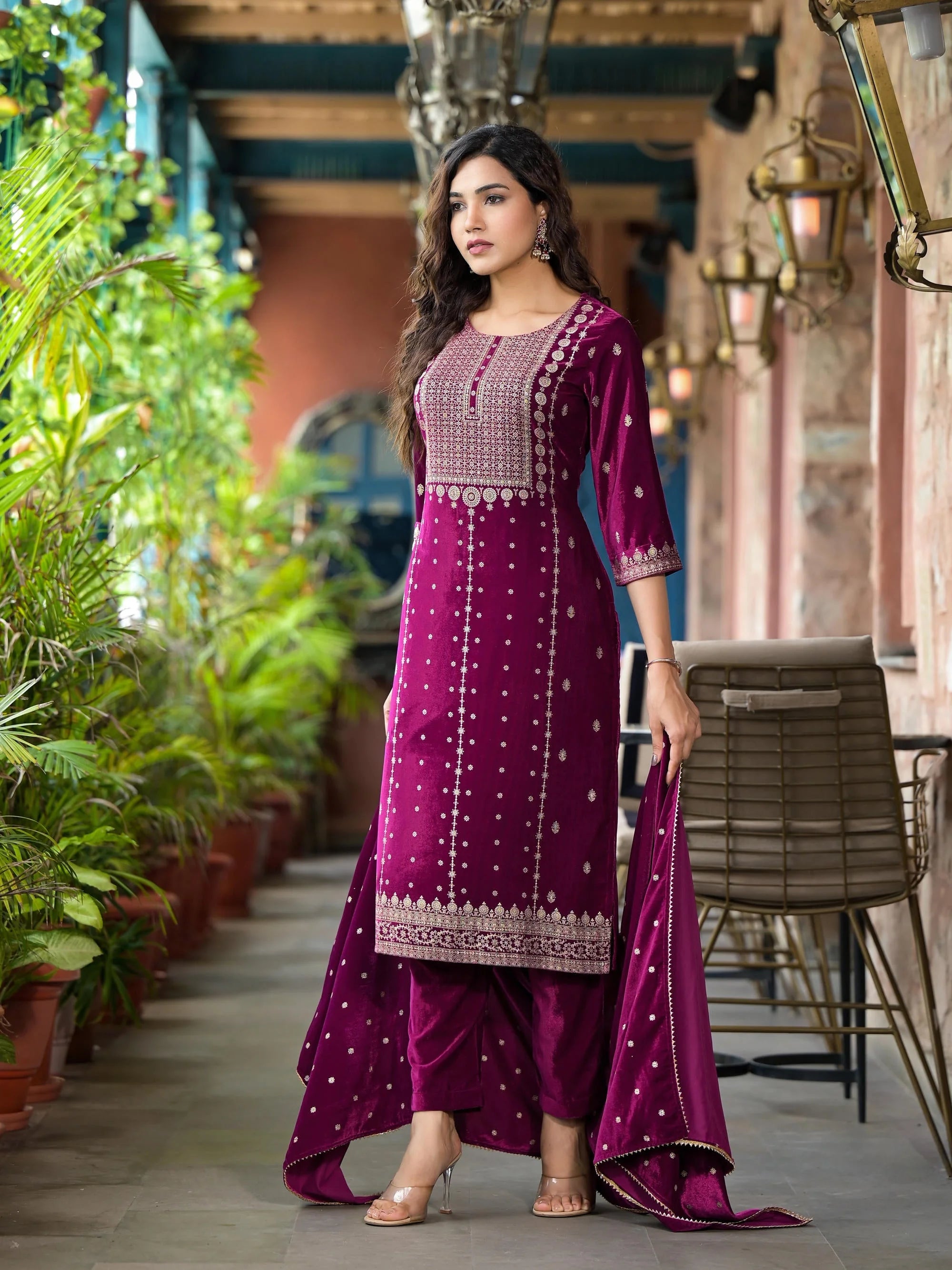 Wine Velvet Indian Kurta Sets with Dupatta- Designer Kurta Sets