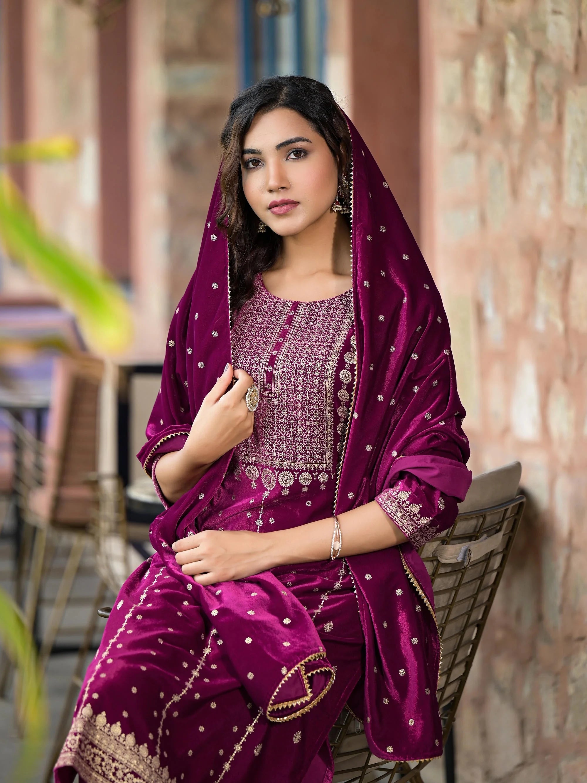 Wine Velvet Indian Kurta Sets with Dupatta- Designer Kurta Sets