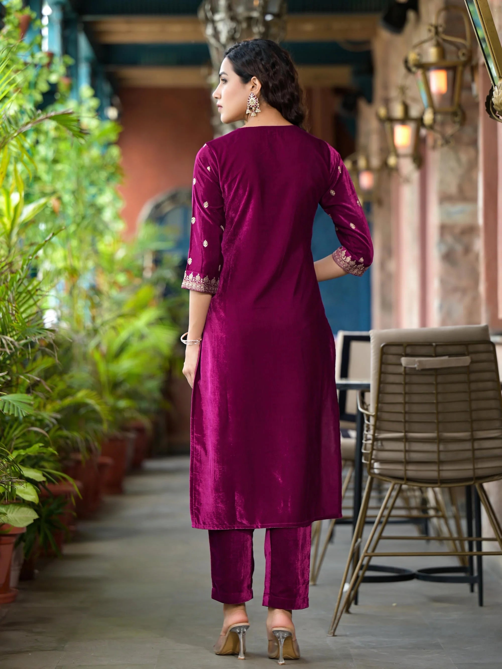 Wine Velvet Indian Kurta Sets with Dupatta- Designer Kurta Sets