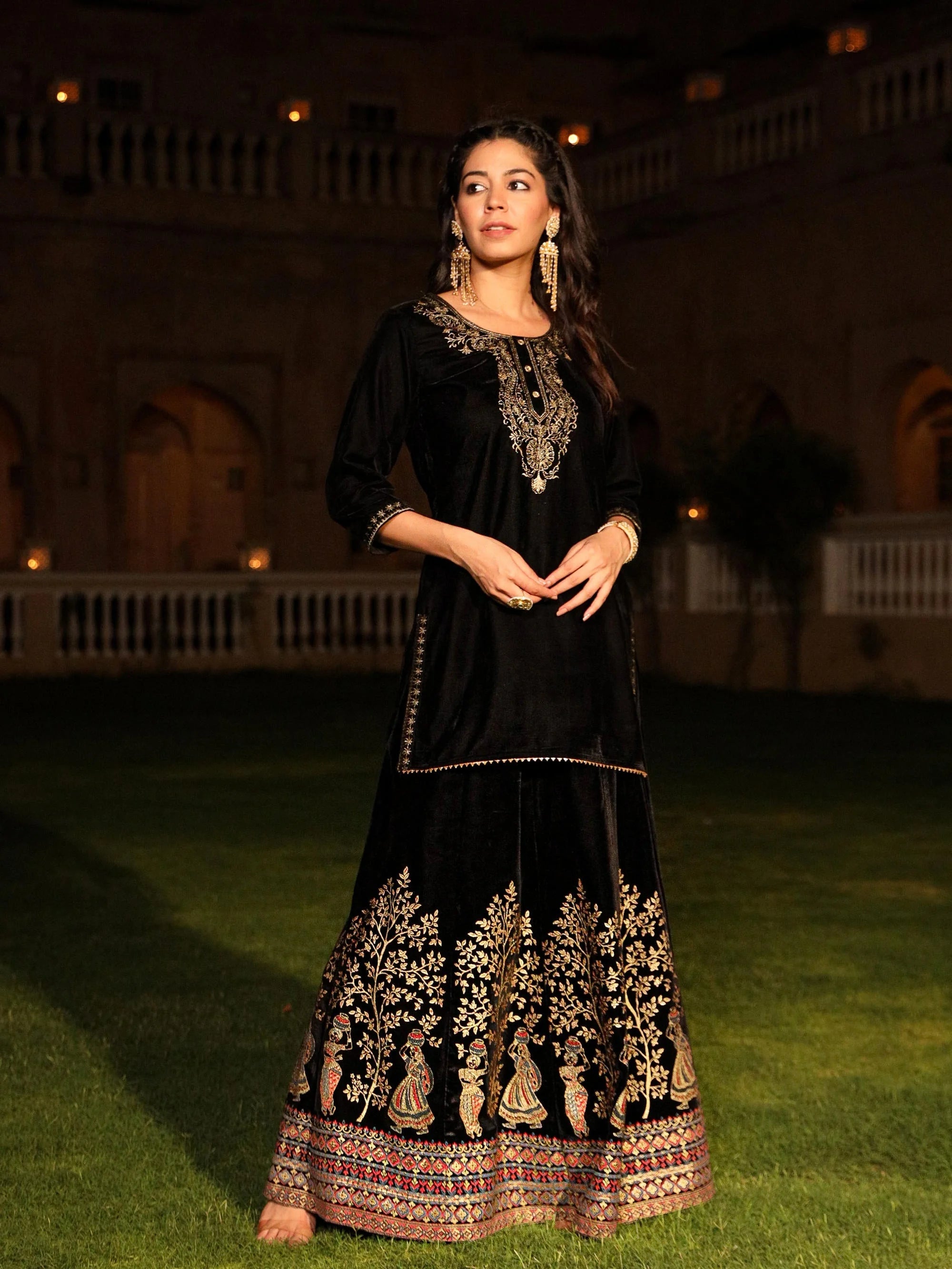 Black Velvet Embroidered Lehenga Choli Set - Women's Ethnic Wear