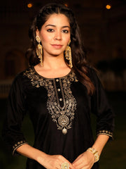 The Sunehri Black Zari Embroidered Velvet Top & Skirt Set With Sequins & Buttons-J4793BLACK