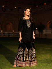 The Sunehri Black Zari Embroidered Velvet Top & Skirt Set With Sequins & Buttons-J4793BLACK