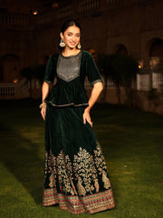 The Sunehri Green Zari Embroidered Velvet Top & Skirt Set With Sequins & Lace-J4794GREEN