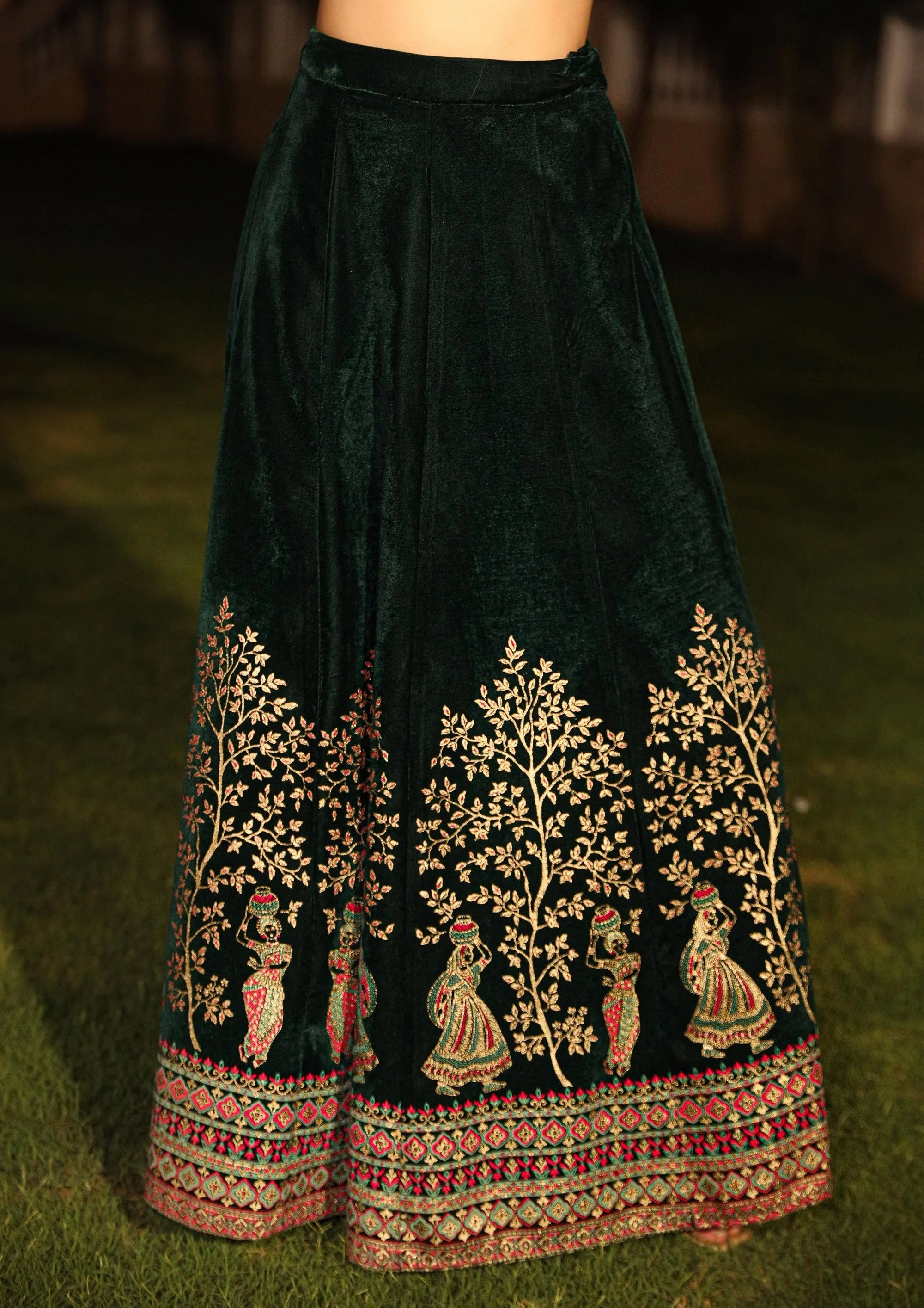 Green Velvet Lehenga Choli Set - Zari Embroidered Ethnic Fashion