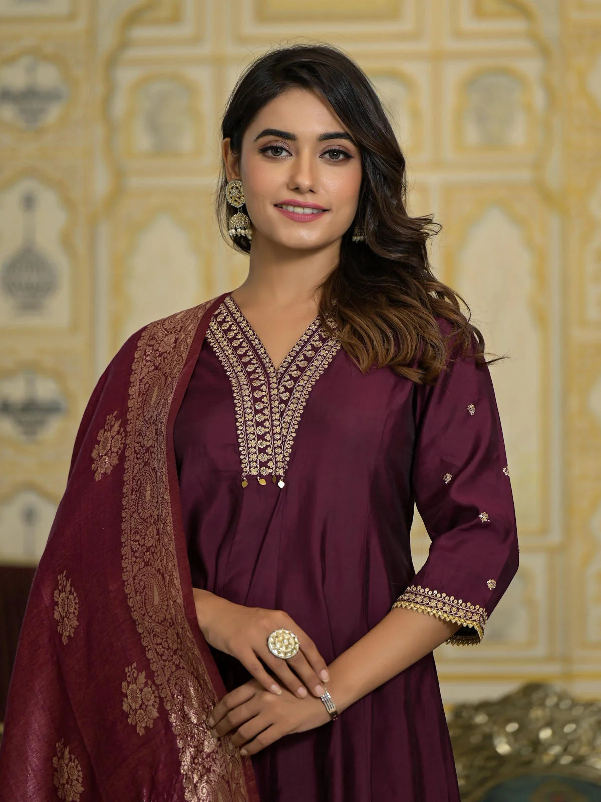 Wine Embroidered Kurta Pant Dupatta Set | Indian Kurta Sets