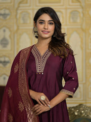 Wine Zari Embroidered Viscose Kurta Pant And Dupatta Set With Sequins & Lace-J4796WINE