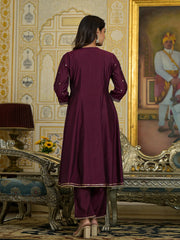 Wine Zari Embroidered Viscose Kurta Pant And Dupatta Set With Sequins & Lace-J4796WINE