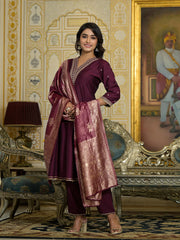Wine Zari Embroidered Viscose Kurta Pant And Dupatta Set With Sequins & Lace-J4796WINE