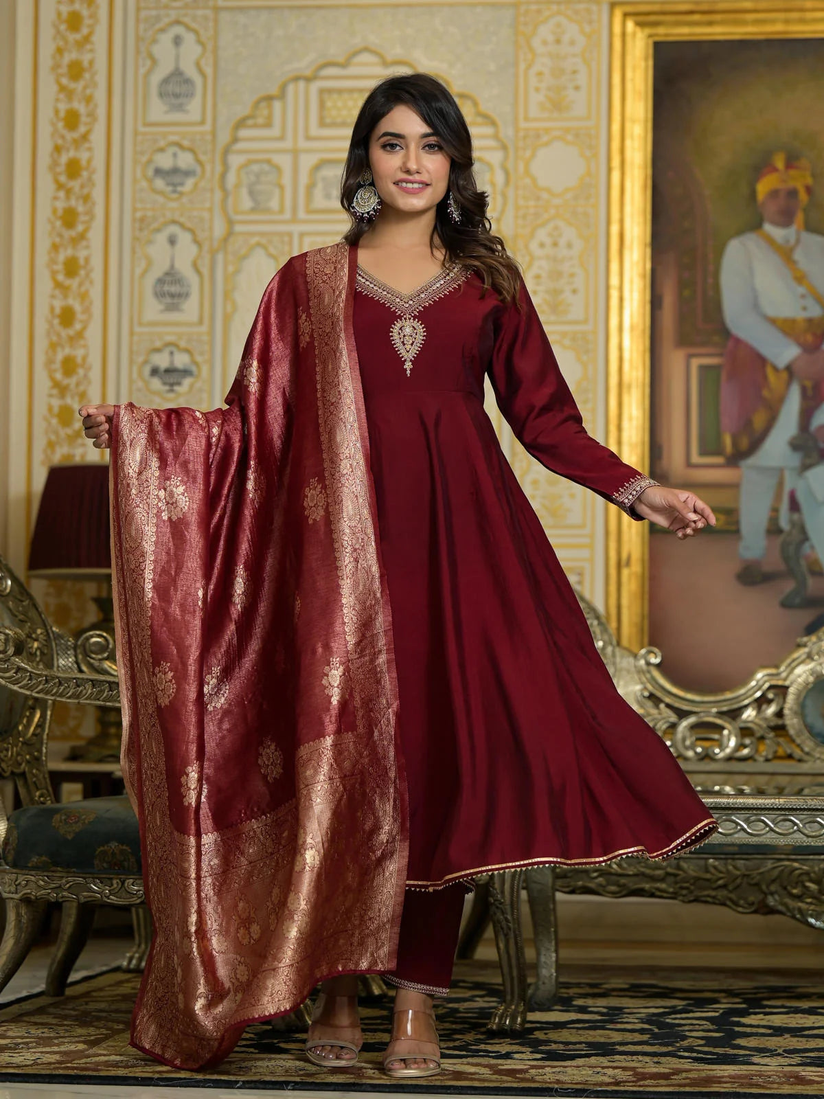 Maroon Embroidered Kurta Set with Dupatta | Women's Kurtas