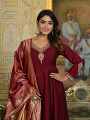 Maroon Zari Embroidered Viscose Kurta Pant And Dupatta Set With Sequins & Lace-J4797MAROON