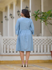 Blue Thread Embroidered Cotton Denim Dress-J4806BLUE