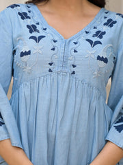 Blue Thread Embroidered Cotton Denim Dress-J4806BLUE