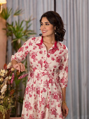 Off White Floral Printed Liva Rayon Dress With Button Closure & Tie-ups-J4814OFFWHITE