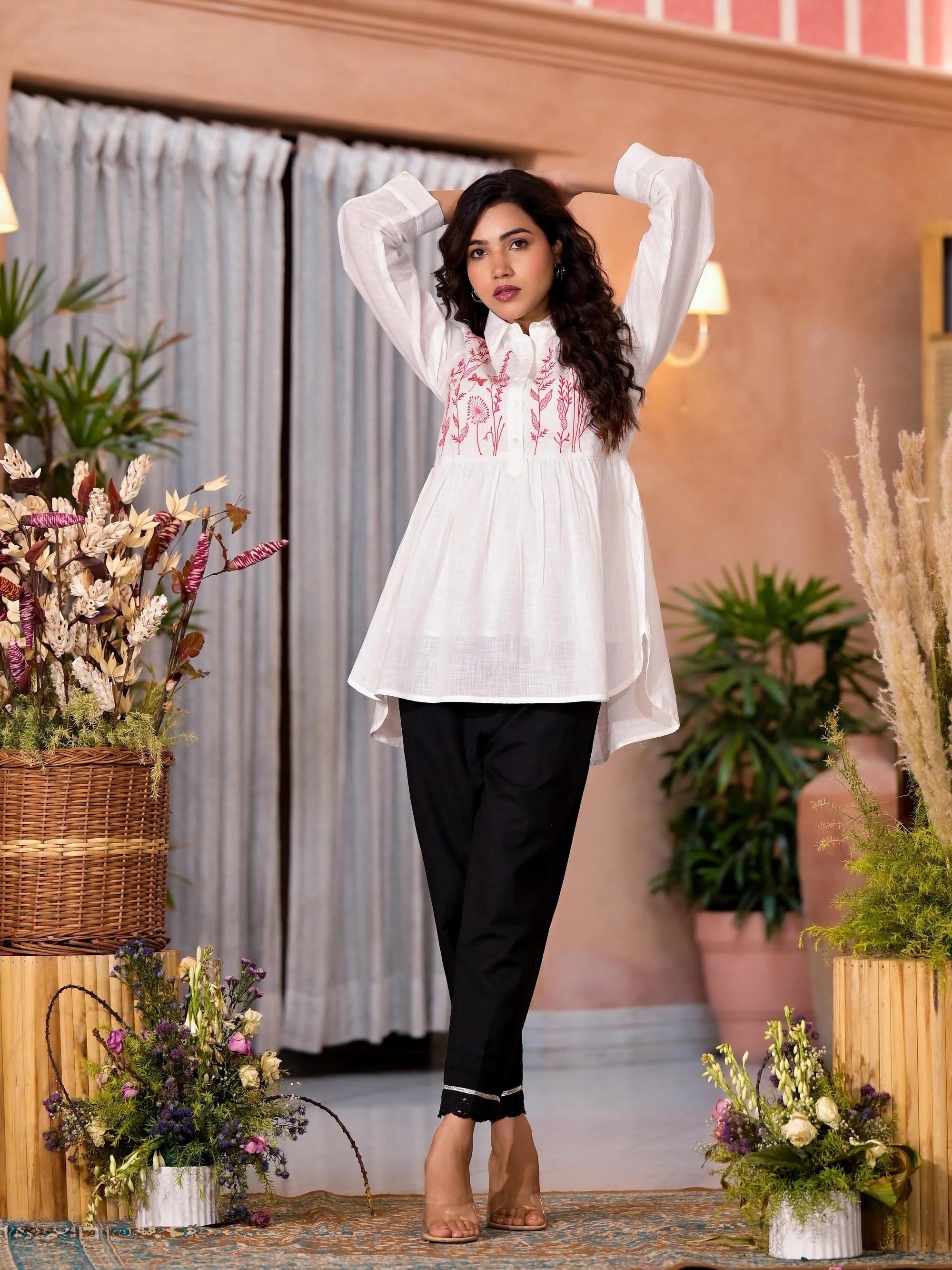 White Embroidered Cotton Tunic Top - Indian Kurti for Women