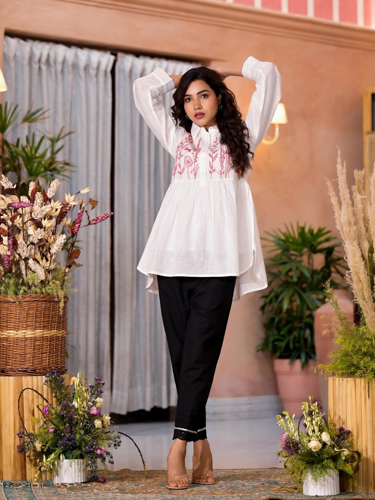White Thread Embroidered Cotton Tunic With Button Closure-J4818WHITE