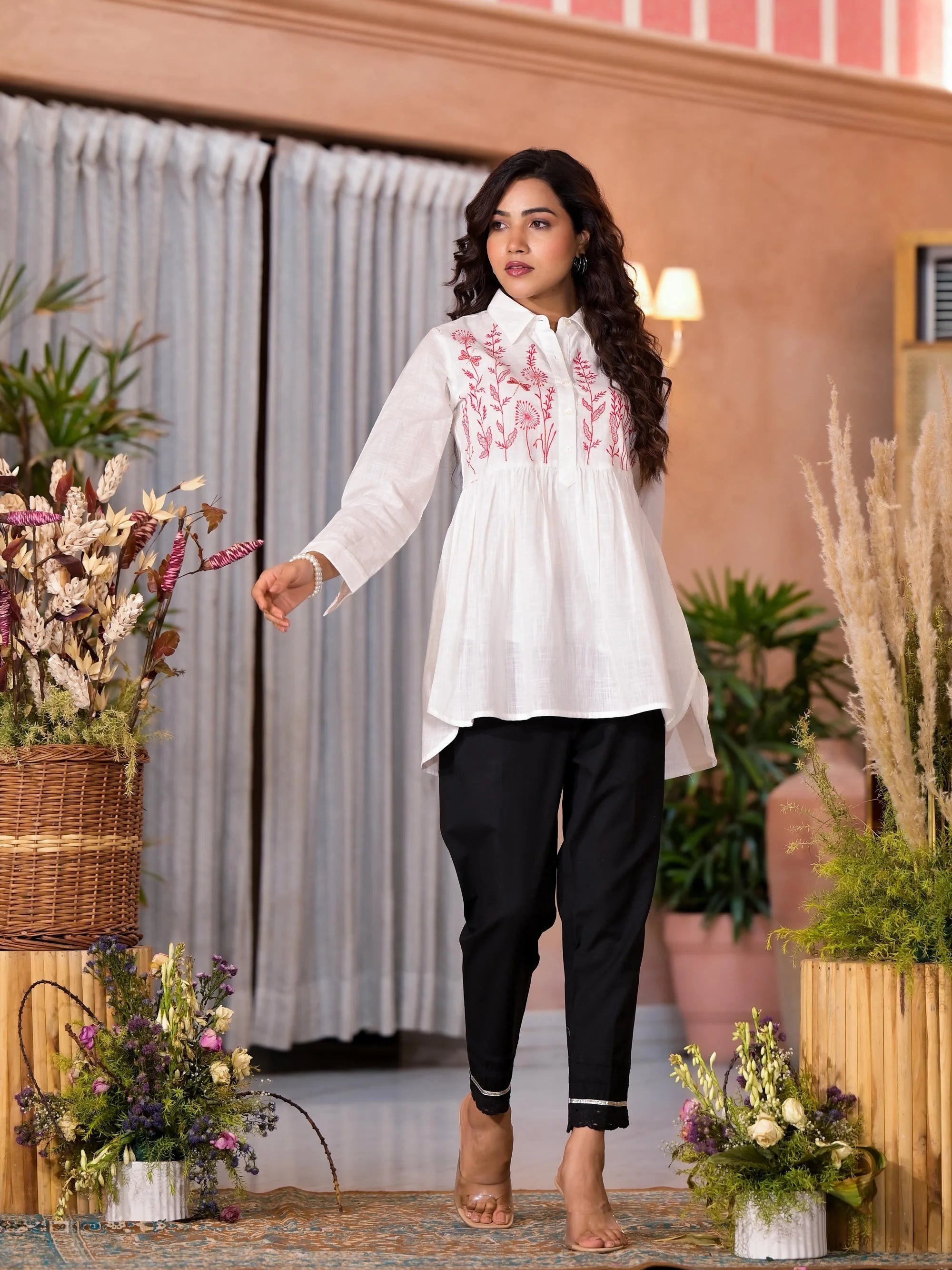 White Embroidered Cotton Tunic Top - Indian Kurti for Women