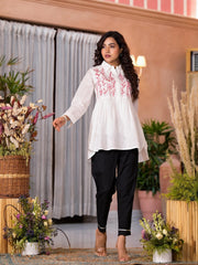 White Thread Embroidered Cotton Tunic With Button Closure-J4818WHITE