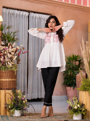 White Thread Embroidered Cotton Tunic With Button Closure-J4818WHITE