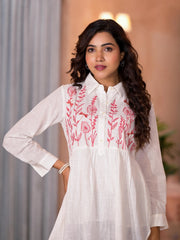 White Thread Embroidered Cotton Tunic With Button Closure-J4818WHITE