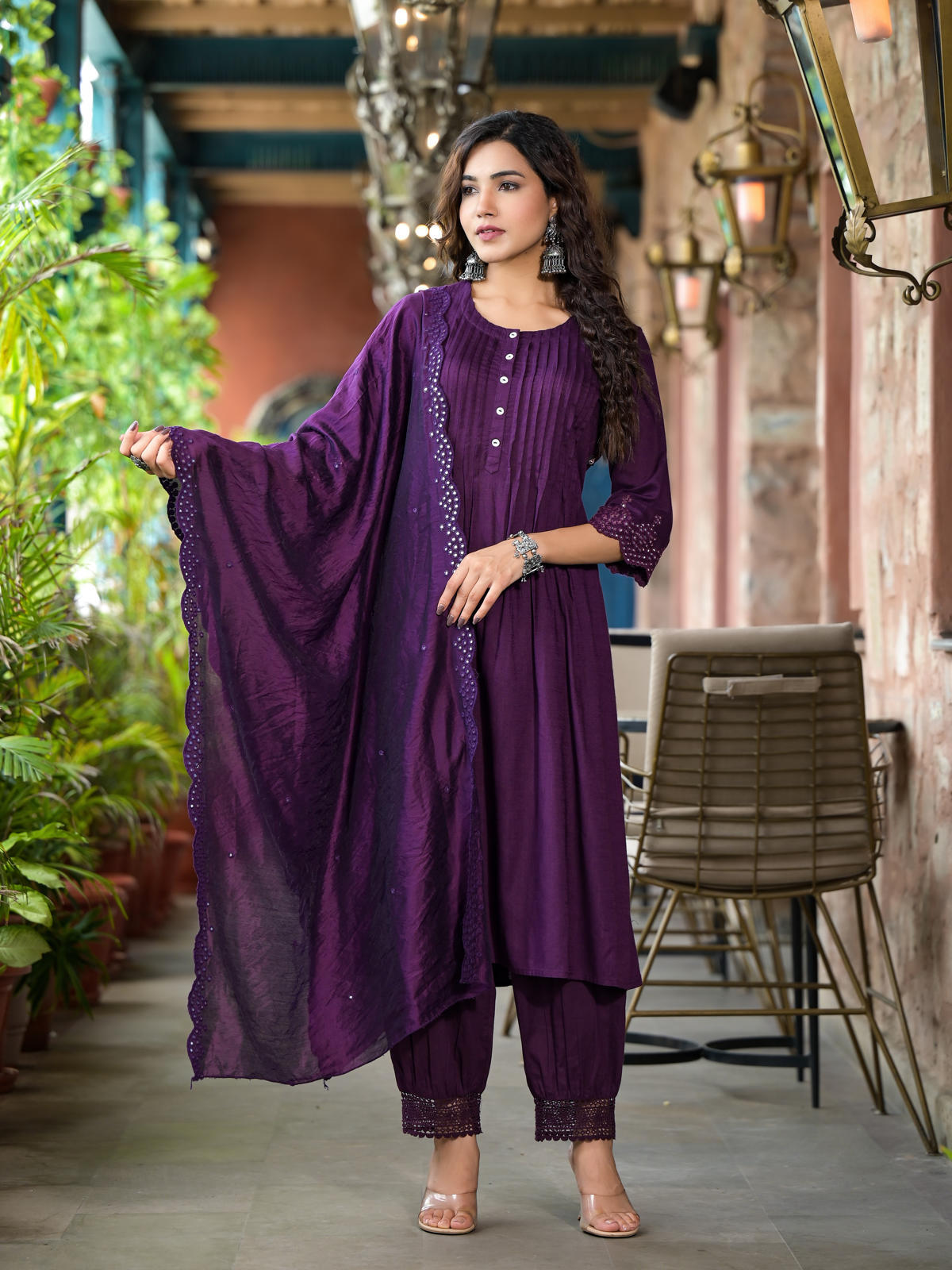 Plum Thread Embroidered Liva Rayon Kurta Set With Buttons & Mirror Work-J4819PLUM