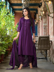 Plum Thread Embroidered Liva Rayon Kurta Set With Buttons & Mirror Work-J4819PLUM