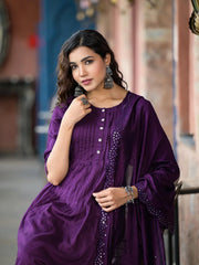 Plum Thread Embroidered Liva Rayon Kurta Set With Buttons & Mirror Work-J4819PLUM