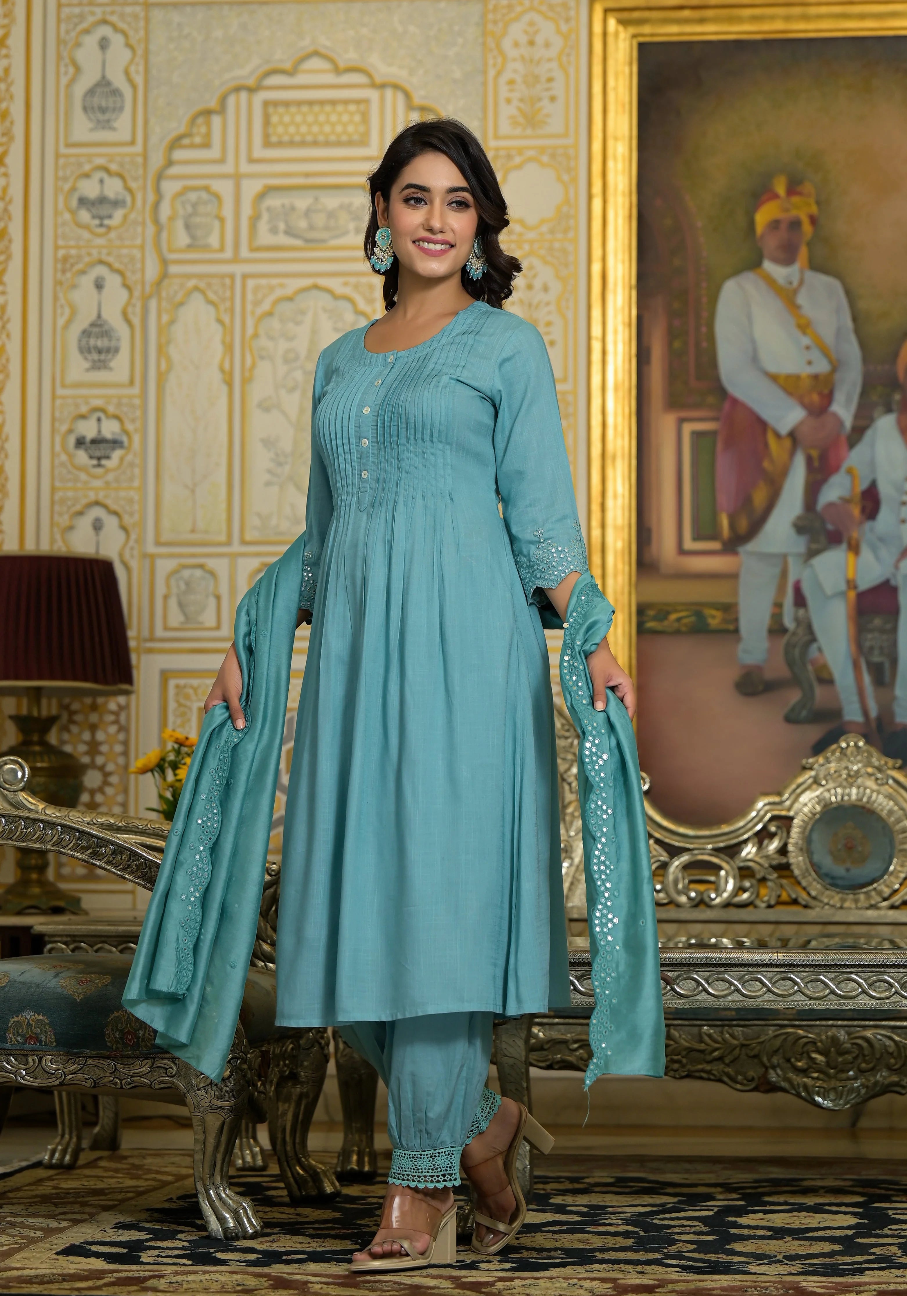 Sky Blue Mirror Embroidered Kurta Set | DesiQlo