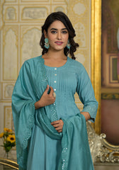 Sky Blue Mirror Embroidered Liva Rayon Kurta Pant And Dupatta Set With Lace & Button Detail-J4819SKYBLUE