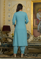 Sky Blue Mirror Embroidered Liva Rayon Kurta Pant And Dupatta Set With Lace & Button Detail-J4819SKYBLUE