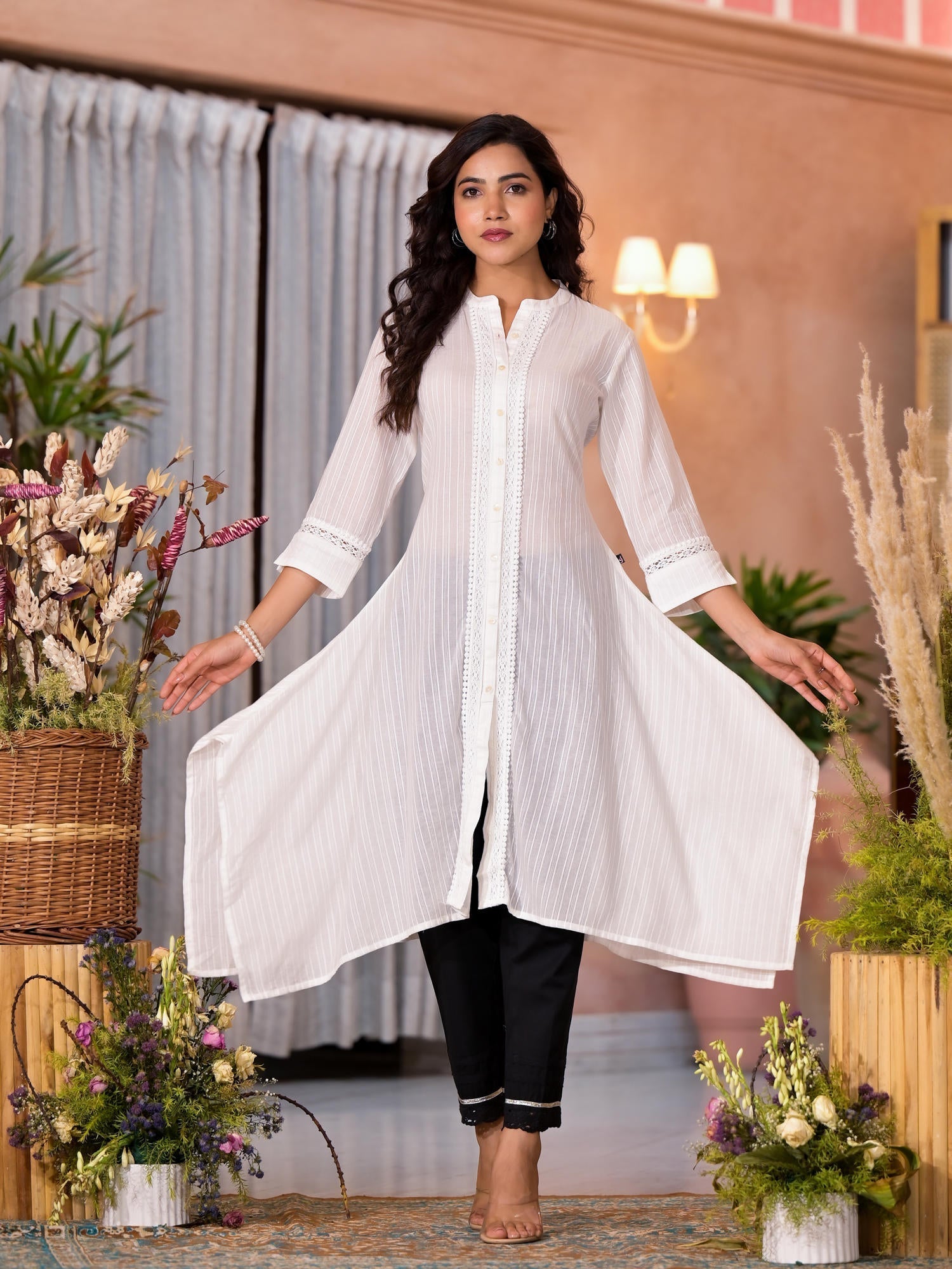Off White Thread Embroidered Cotton Asymmetrical Kurta With Button Clo