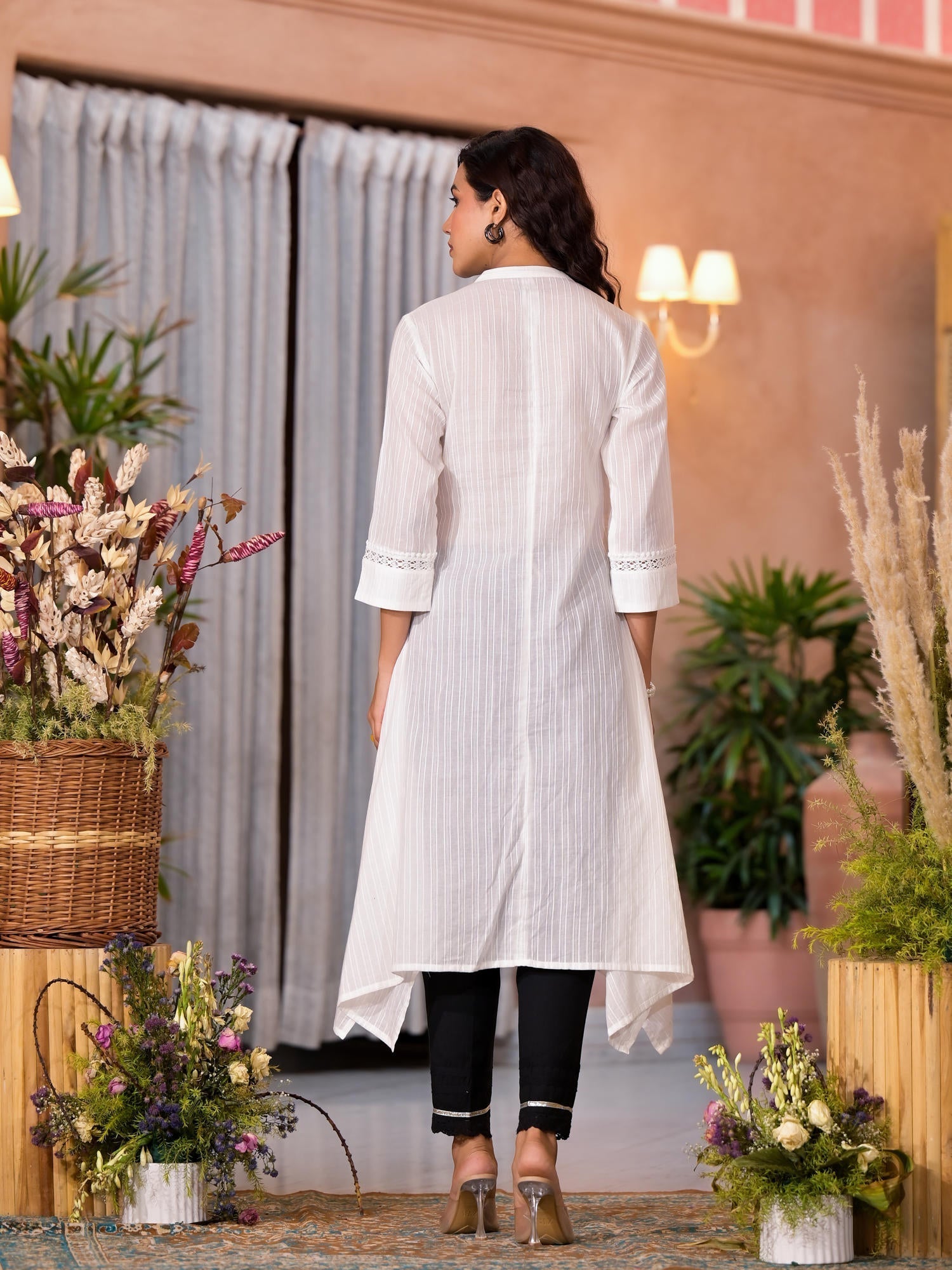 Off White Thread Embroidered Cotton Asymmetrical Kurta With Button Clo