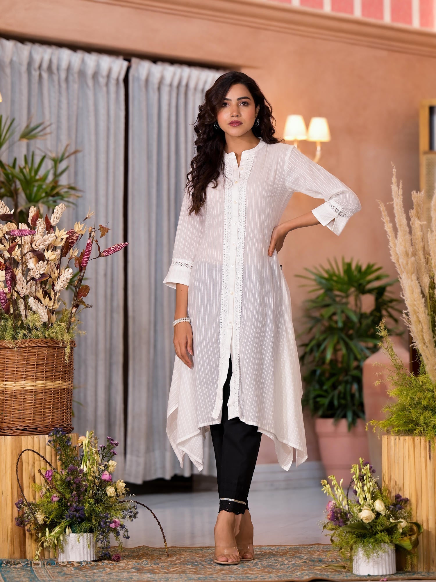 Off White Thread Embroidered Cotton Asymmetrical Kurta With Button Clo