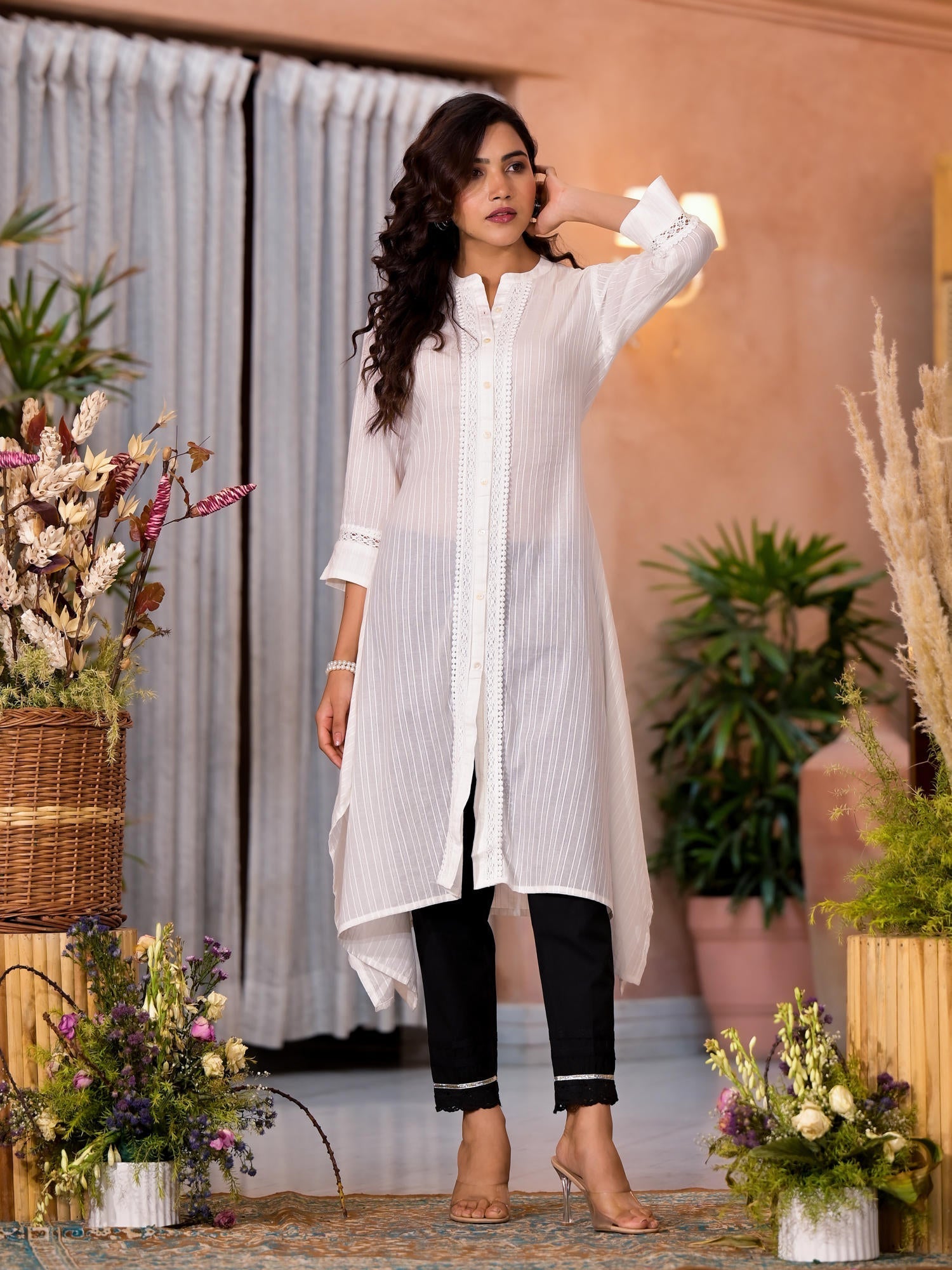 Off White Thread Embroidered Cotton Asymmetrical Kurta With Button Clo