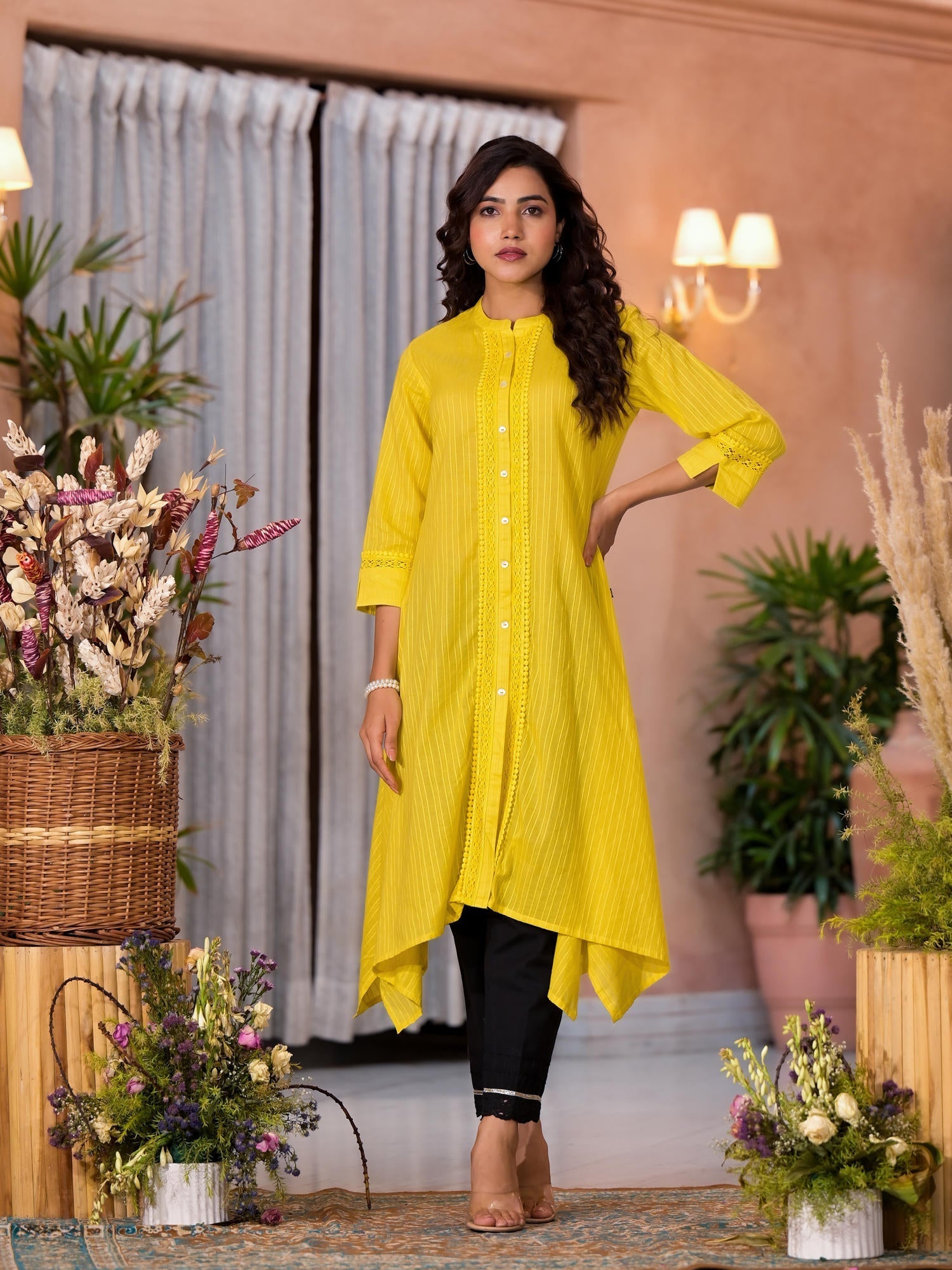Yellow Thread Embroidered Cotton Asymmetrical Kurta With Button Closur