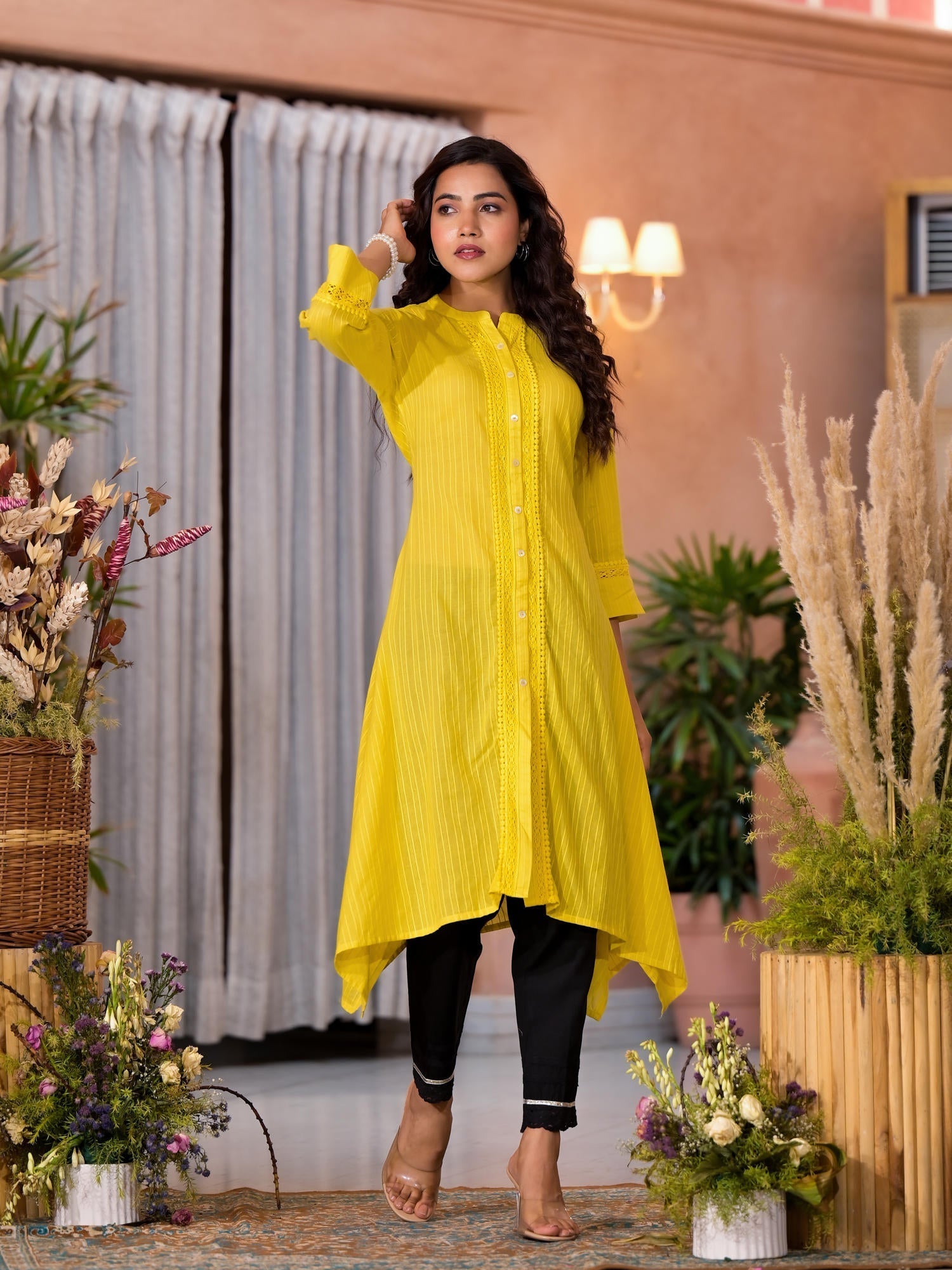 Yellow Thread Embroidered Cotton Asymmetrical Kurta With Button Closur