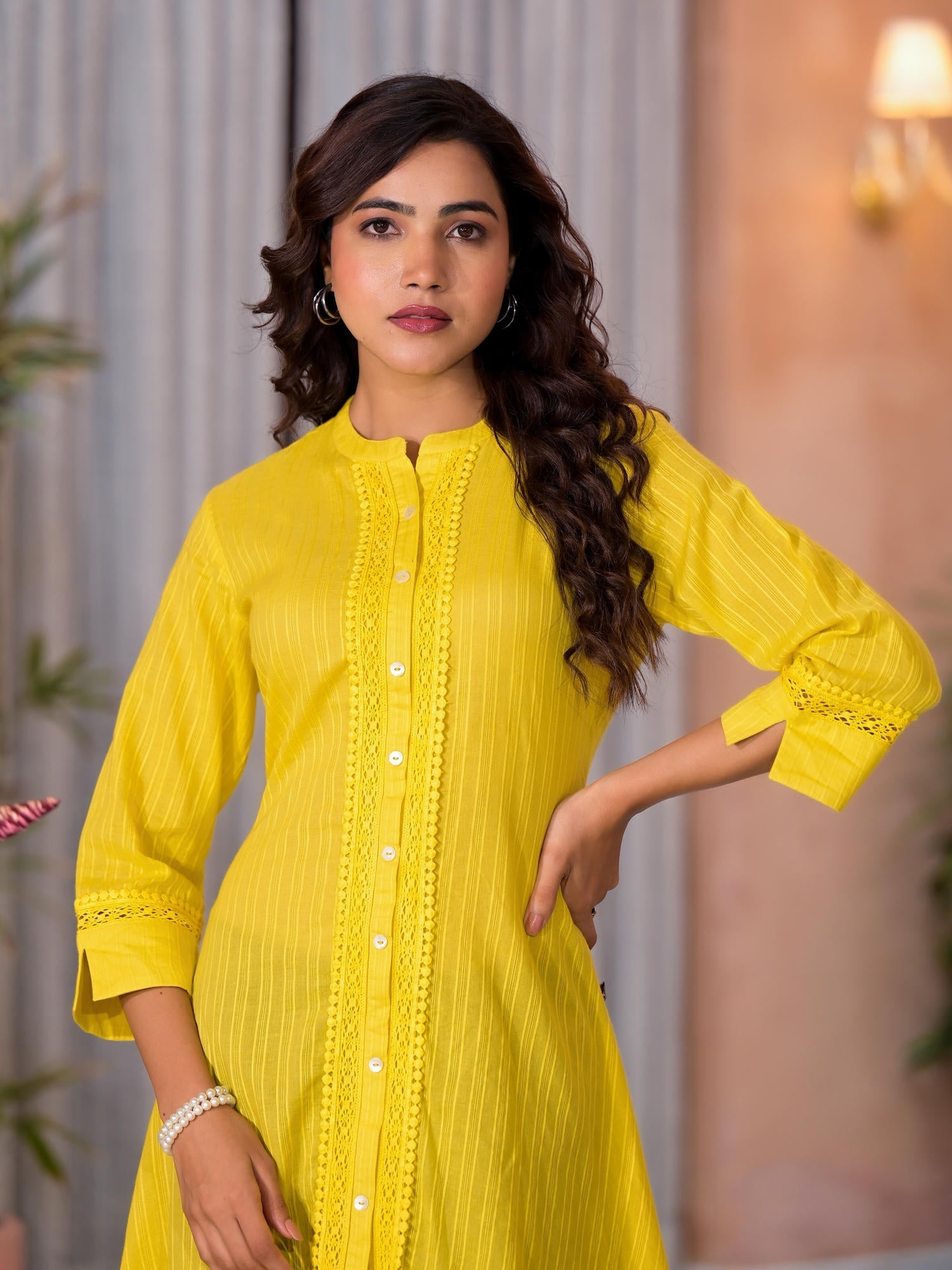 Yellow Thread Embroidered Cotton Asymmetrical Kurta With Button Closur