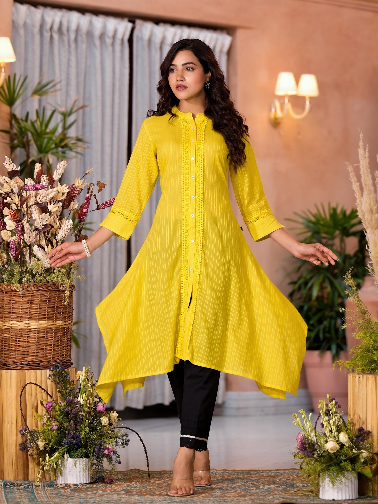 Yellow Thread Embroidered Cotton Asymmetrical Kurta With Button Closur