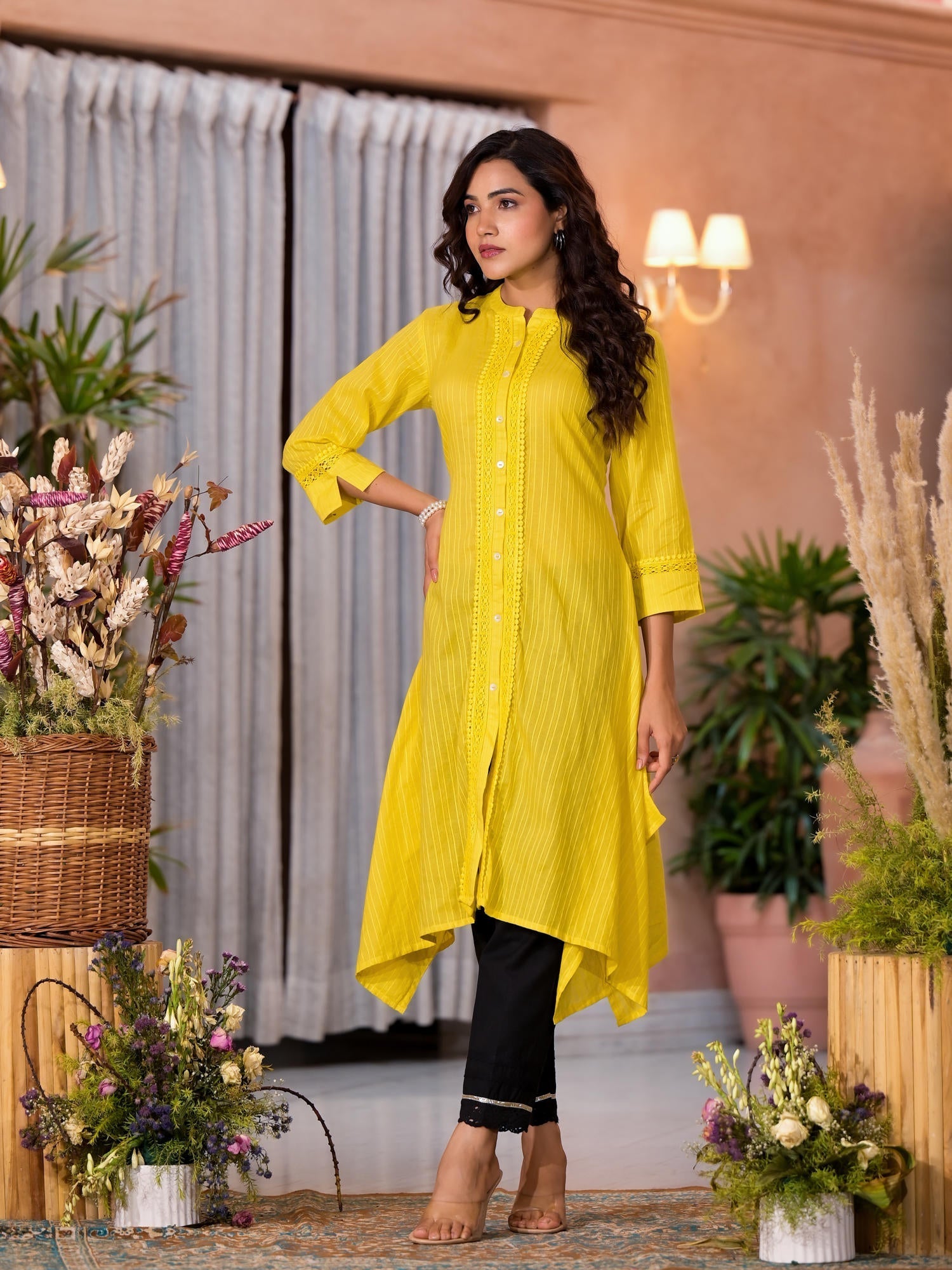 Yellow Thread Embroidered Cotton Asymmetrical Kurta With Button Closur