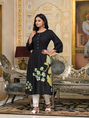 Black Floral Printed Liva Rayon Kurta With Buttons