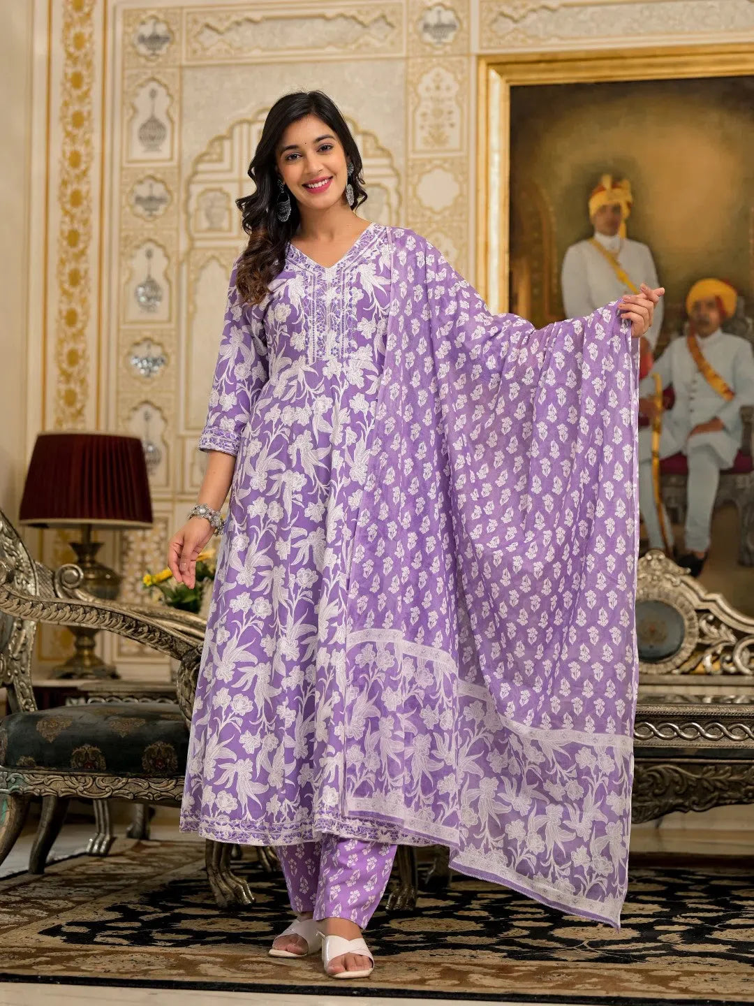 Lavender Floral Rayon Kurta Set with Dupatta | Women's Indian