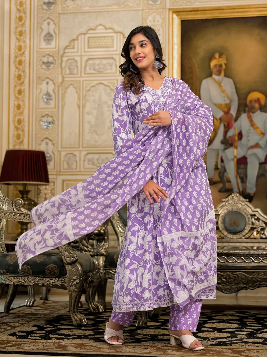 Lavender Floral Rayon Kurta Set with Dupatta | Women's Indian