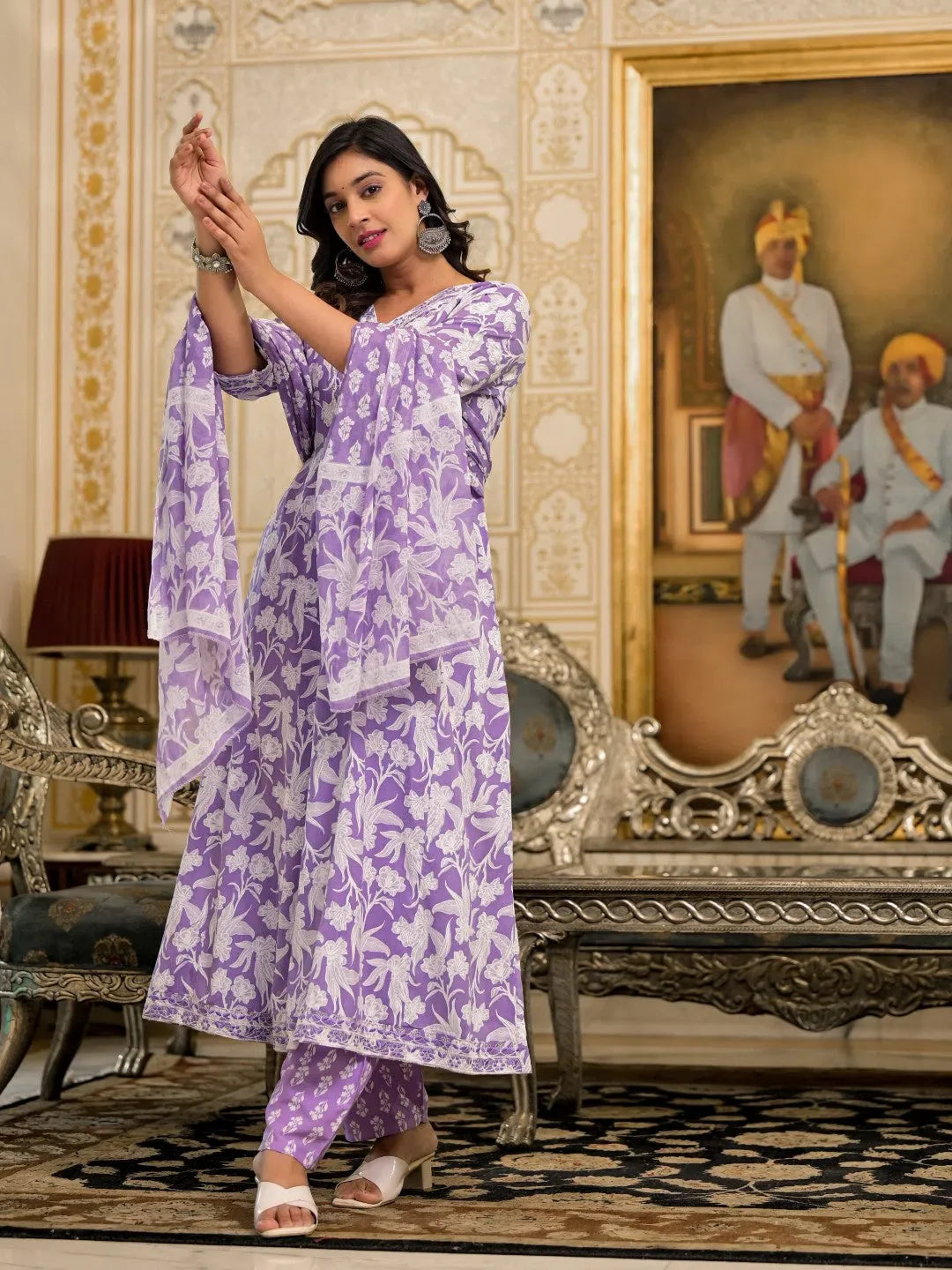 Lavender Floral Rayon Kurta Set with Dupatta | Women's Indian